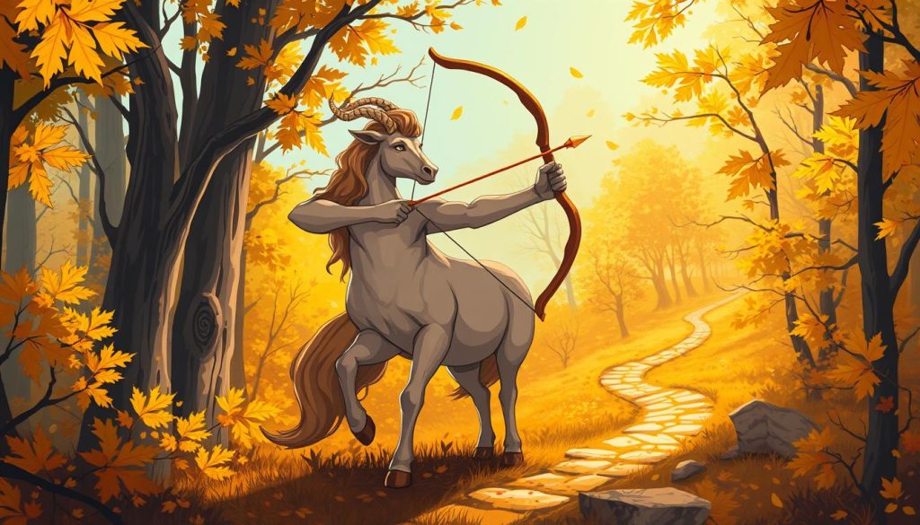 An illustration of the zodiac sign Sagittarius for November 23. A majestic centaur stands in a lush, autumnal forest, bow drawn and ready to fire an arrow into the distance. Warm sunlight filters through the golden leaves, casting a cozy glow over the scene. The centaur's noble features exude a sense of adventure, optimism, and intellectual curiosity - qualities associated with the Sagittarius personality. In the background, a winding path leads deeper into the enchanted woods, hinting at the Sagittarian love of exploration and travel. The overall mood is one of boundless possibility and a spirit of discovery.
