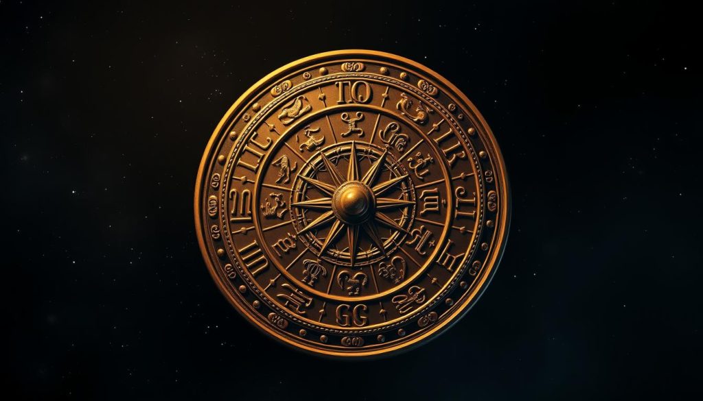 An ornate, gilded zodiac wheel set against a dark, starry night sky. The twelve zodiac signs elegantly engraved around the circumference, each symbol exquisitely detailed. Soft, warm lighting from the center illuminates the astrological icons, while the background is shrouded in a mysterious, ethereal glow. The composition is balanced and symmetrical, capturing the timeless celestial essence of the zodiac. Textures of polished metal, intricate filigree, and a hint of aged patina lend an air of sophistication and ancient wisdom. This image evokes the wonder and mystique of the cosmos on this significant date in history.