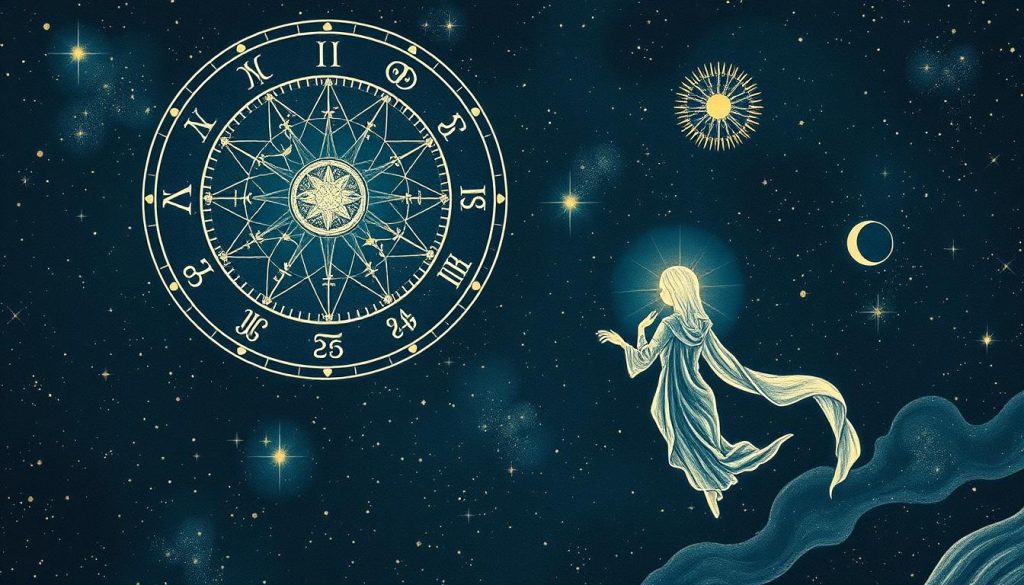 Detailed horoscope illustration for November 23: A hand-drawn astrological chart floating in a mystical, starry night sky. The chart features the zodiac symbols and planetary alignments specific to this date, rendered with intricate linework and a celestial color palette. In the foreground, an abstract celestial figure representing the spirit of the horoscope, draped in flowing robes and surrounded by glowing cosmic energy. The background is a deep, inky nightscape dotted with shimmering stars and nebulae, conveying a sense of wonder and divination. The overall mood is pensive, spiritual, and evocative of the profound insights contained within the November 23 horoscope.