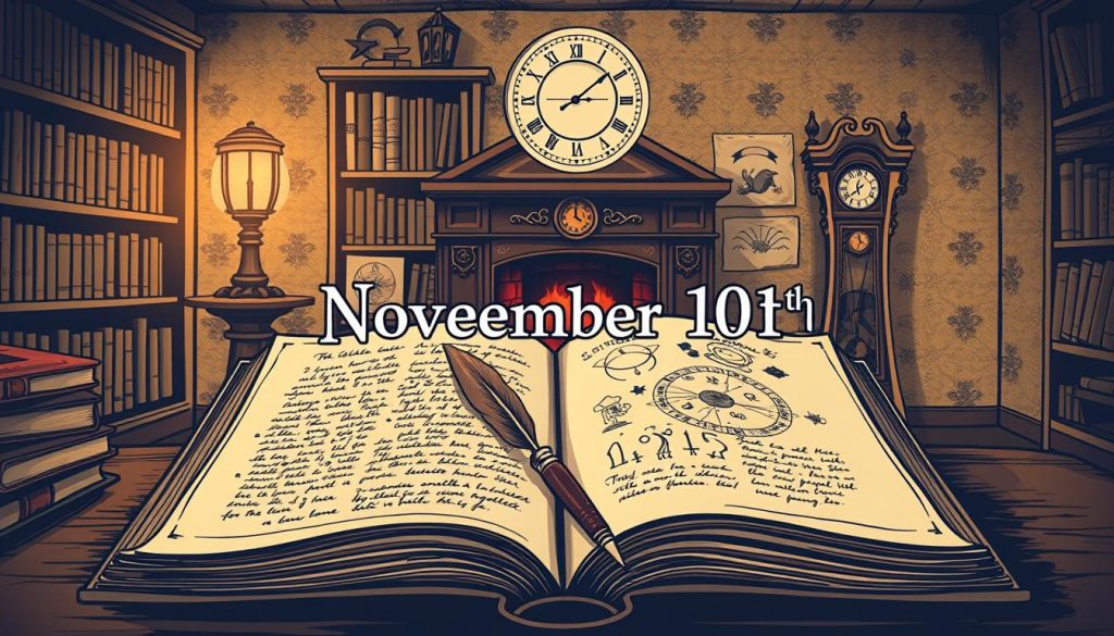 Detailed illustration of November 10th historical facts, horoscopes, and celebrations. Centered composition with a vintage, sepia-toned aesthetic. Foreground features an open book with hand-drawn calligraphic text, quill pen, and magnifying glass. Middle ground showcases astrological symbols, zodiac signs, and a celestial chart. Background depicts a dimly lit study with bookshelves, a grandfather clock, and a warm, cozy fireplace. Subtle lighting casts a soft, mysterious glow throughout the scene. Thoughtful, contemplative mood evoked through the use of traditional elements and muted color palette.