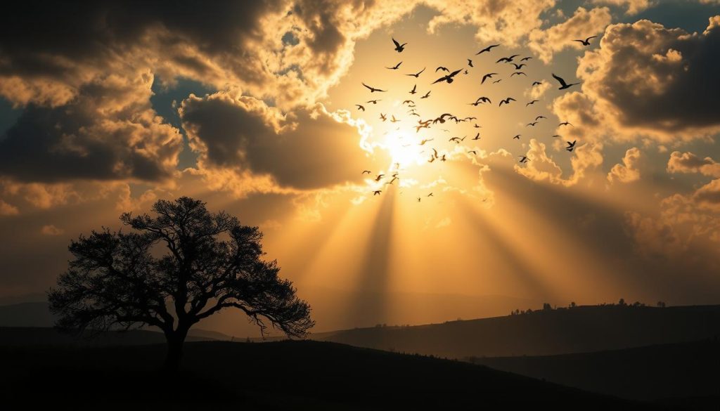 Dramatic clouds parting to reveal a vibrant full moon, casting an ethereal glow over a landscape of rolling hills and a lone oak tree silhouetted in the foreground. Shafts of moonlight filter through the branches, creating a mystical atmosphere. In the sky, a flock of birds takes flight, their shadows dancing across the scene. The image conveys a sense of anticipation and wonder, hinting at the hidden mysteries of the day's horoscopes and historical events.