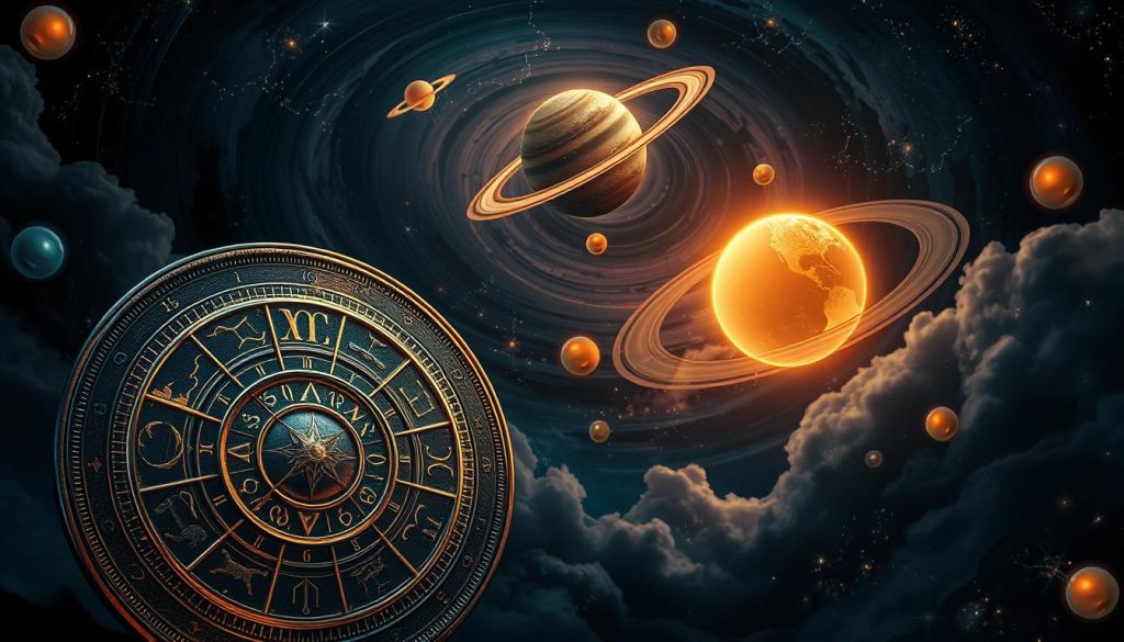 Intricate astrological symbols and celestial elements adorn a lush, ethereal scene. In the foreground, a detailed zodiac wheel with vibrant, metallic accents. Orbiting planets and glowing, semi-transparent celestial bodies float in the middle ground, casting a warm, mystical light. The background is a swirling, inky night sky, dotted with twinkling stars and wispy, otherworldly clouds. The overall composition evokes a sense of ancient wisdom, cosmic wonder, and the deep mysteries of the universe. Soft, dramatic lighting and a slightly dreamlike, spiritual atmosphere permeate the image.