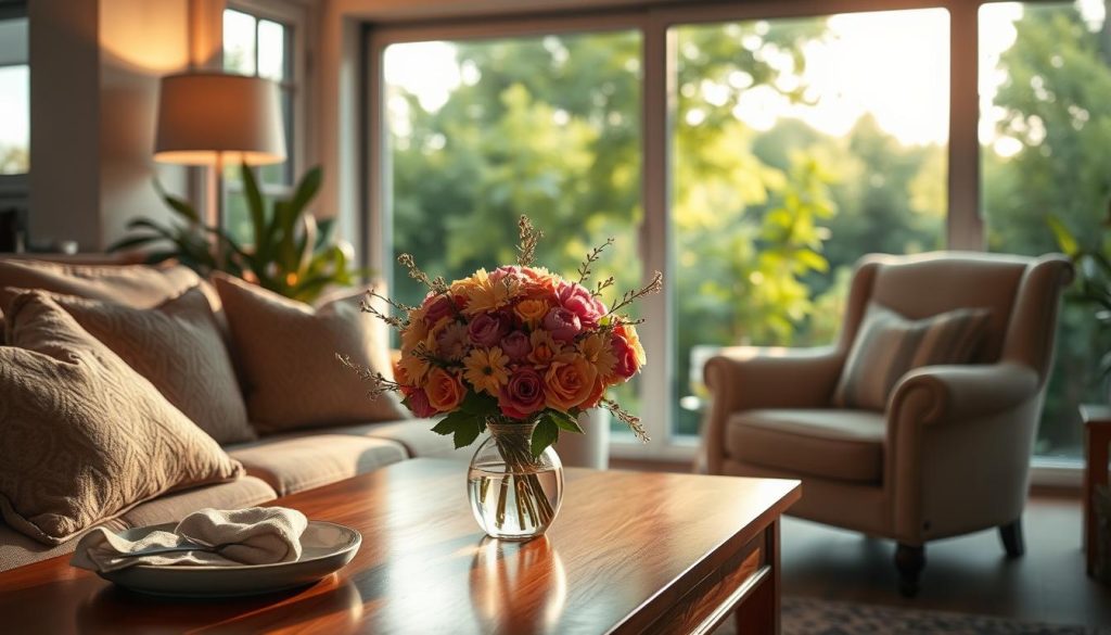 Soft, warm lighting illuminates a cozy, serene living room. A bouquet of fragrant flowers sits on a polished wooden table, surrounded by plush pillows and a soft, comfortable armchair. In the background, a large window overlooks a lush, verdant garden, providing a tranquil, peaceful atmosphere. The overall mood is one of comfort, gratitude, and cherished moments shared with loved ones on a special day.