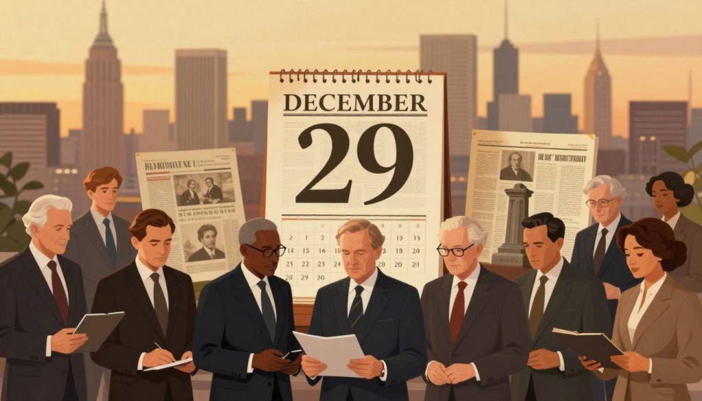 A beautifully composed illustration capturing significant historical events and iconic birthdays from December 29. In the foreground, a diverse group of individuals representing famous figures born on this day, all dressed in professional business attire, engaged in various activities related to their fields—science, arts, and politics. In the middle ground, an elegant display of notable historical events, like a vintage calendar marking December 29, with artistic representations of key moments, perhaps an old newspaper clipping or a monument. The background features a soft-focus city skyline at dusk, bathed in warm golden light, creating a nostalgic and contemplative atmosphere. The overall mood should evoke a sense of reflection and admiration for history, shot with a shallow depth of field to emphasize the main subjects.