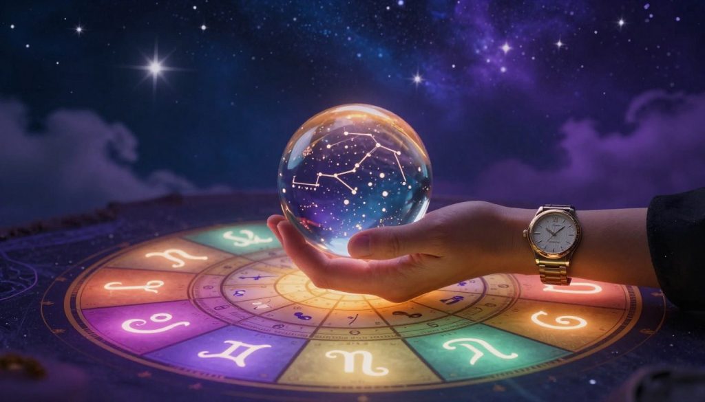 A beautifully designed astrological chart sprawls across the foreground, displaying the twelve zodiac signs in intricate detail, each symbol glowing softly in its own color. In the middle, a pair of hands, one wearing an elegant watch, gently holds a crystal ball that reflects the signs and constellations around it, creating an air of mystique. The background features a starlit night sky, rich deep blues and purples, with twinkling stars and ethereal clouds, enhancing the celestial theme. Soft, ambient lighting casts a warm glow over the scene, evoking a sense of wonder and introspection. The overall mood is enchanting and harmonious, inviting viewers to explore the connections of zodiac compatibility among the elements. The image is devoid of any text or distractions, focusing solely on the astrological theme.