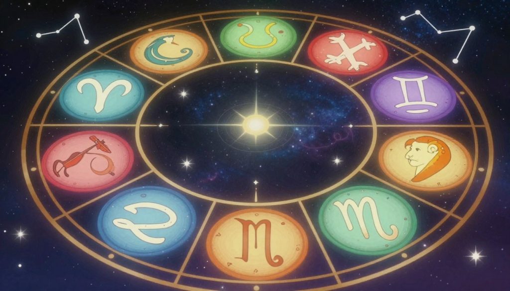 A beautifully designed Western zodiac horoscope chart, intricately detailed with the twelve zodiac signs: Aries, Taurus, Gemini, Cancer, Leo, Virgo, Libra, Scorpio, Sagittarius, Capricorn, Aquarius, and Pisces. The chart should be portrayed in a circular format, featuring vibrant colors and celestial motifs such as stars and astrological symbols. In the foreground, showcase the signs with elegant illustrations, each symbol radiating an aura of mystical energy. In the middle, incorporate a starry night sky backdrop, softly illuminated to create a mystical atmosphere. In the background, subtle constellations should be visible, adding depth to the scene. The lighting should evoke a calming, reflective mood, with gentle, diffused illumination that enhances the celestial theme without harsh contrasts.