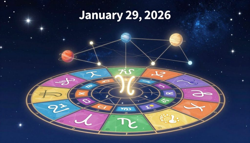 A beautifully designed zodiac chart for January 29, 2026, featuring circular astrological signs in vibrant colors. In the foreground, distinct symbols for Aquarius, the ruling sign of this date, should be prominently displayed, surrounded by intricate details of each sign's traits. The middle ground holds planetary alignments with soft glowing lines connecting them, symbolizing their influence on the day. In the background, a cosmic scene filled with shimmering stars and a deep blue night sky enhances the celestial theme. The lighting should be ethereal, with a gentle radiance illuminating the zodiac symbols and planets. The atmosphere should feel insightful and mystical, capturing the essence of horoscopes related to this date, with a focus on harmony and introspection.