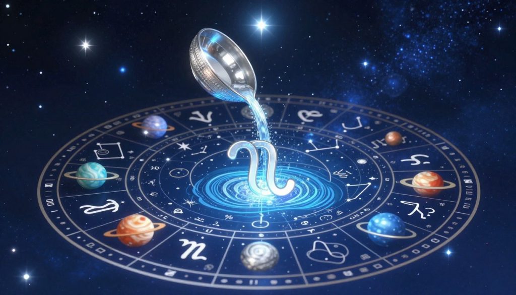 A beautifully detailed depiction of the Aquarius zodiac sign horoscope chart, showcasing the symbol of Aquarius—a stylized water bearer pouring water, surrounded by celestial elements. In the foreground, intricate astrological glyphs and planets representing the zodiac signs should be artistically integrated with vibrant colors like deep blue and silver, evoking a cosmic atmosphere. The middle layer features a circular chart design filled with rich astrological symbols and constellations, offering a sense of depth and complexity. The background should depict a starry night sky filled with twinkling stars, enhancing the mystical ambiance. Soft, ethereal lighting illuminates the chart, emphasizing the celestial theme, while a slight lens flare adds a magical touch to the scene, conveying a sense of wonder and insight into the day's astrological significance.
