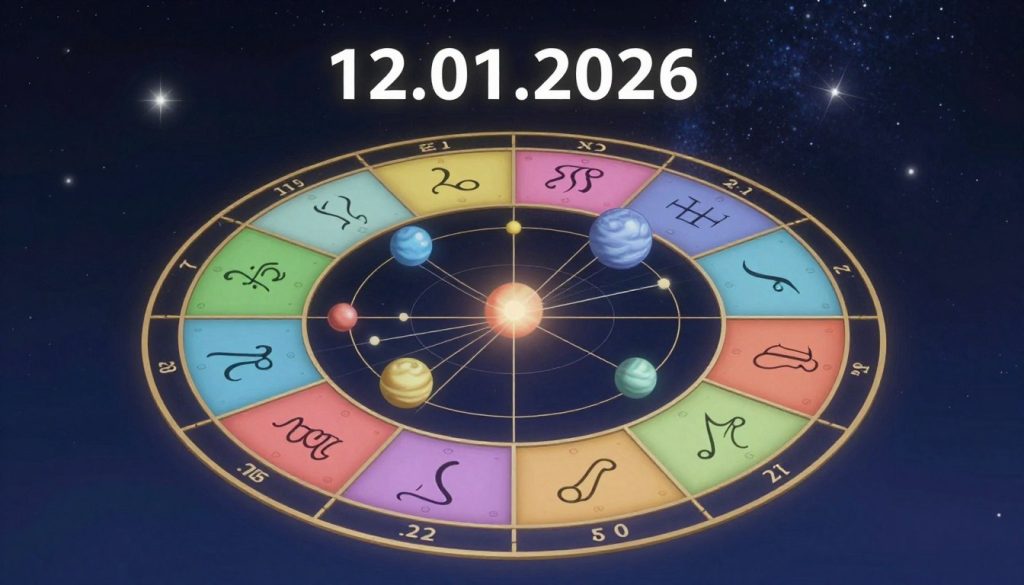 A beautifully detailed solar return chart, illustrating astrological insights and forecasts for the date of 12.01.2026. In the foreground, focus on a circular astrological wheel, divided into twelve segments representing the zodiac signs, each adorned with celestial symbols and vibrant colors reflecting the energy of the cosmos. In the middle, include the positions of planets and houses, depicted as small orbs connected by elegant lines. The background should feature a soft, starry night sky with twinkling stars, creating a mystical atmosphere. The lighting should have a gentle ethereal glow, enhancing the celestial theme, while using a slightly elevated angle to convey depth and perspective. The overall mood is insightful and reflective, inviting viewers to explore the astrological significance of the day.