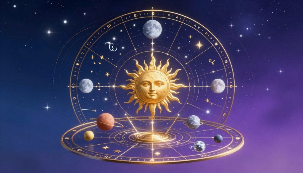 A beautifully detailed solar return chart representing astrology, with vibrant celestial symbols and intricate planetary alignments. In the foreground, a stylized astrological wheel captures the signature features of the solar return, with golden and silver accents illustrating the sun, moon, and planets. The middle ground showcases swirling star patterns and zodiac glyphs, enhancing the sense of cosmic movement and significance. The background features a soft gradient of deep blue to purple, resembling a starry night sky illuminated by twinkling stars. The lighting is ethereal, with a gentle glow emanating from the celestial elements, creating a mystical and introspective atmosphere. The overall composition evokes a sense of wonder and contemplation, perfect for an astrological forecast.