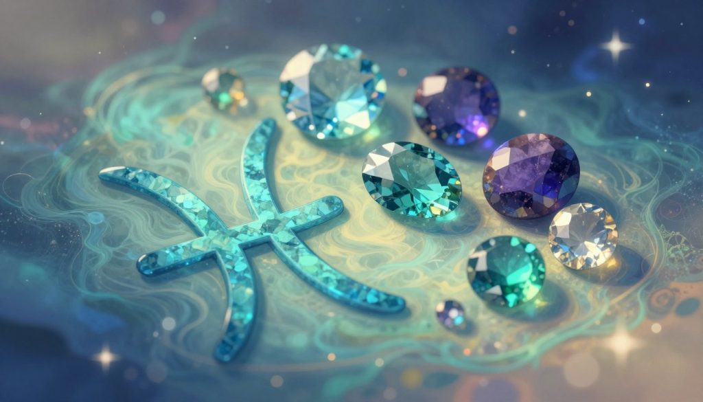 A beautifully illustrated composition featuring the Pisces zodiac symbol, elegantly intertwined with sparkling birthstones associated with the sign, such as aquamarine and bloodstone. In the foreground, an artistic representation of the Pisces glyph incorporates flowing lines and a dreamy, aquatic color palette of blues and greens. In the middle layer, the vibrant birthstones glisten with natural light, arranged artfully to highlight their unique textures and facets. The background showcases a soft, starry night sky, subtly blending into deep cosmic hues, evoking a mystical and serene atmosphere. Utilize gentle, warm lighting to create depth, and focus on the image with a slightly angled perspective that adds dynamism. Aim for a tranquil and enchanting mood that resonates with the theme of astrology and the celestial.