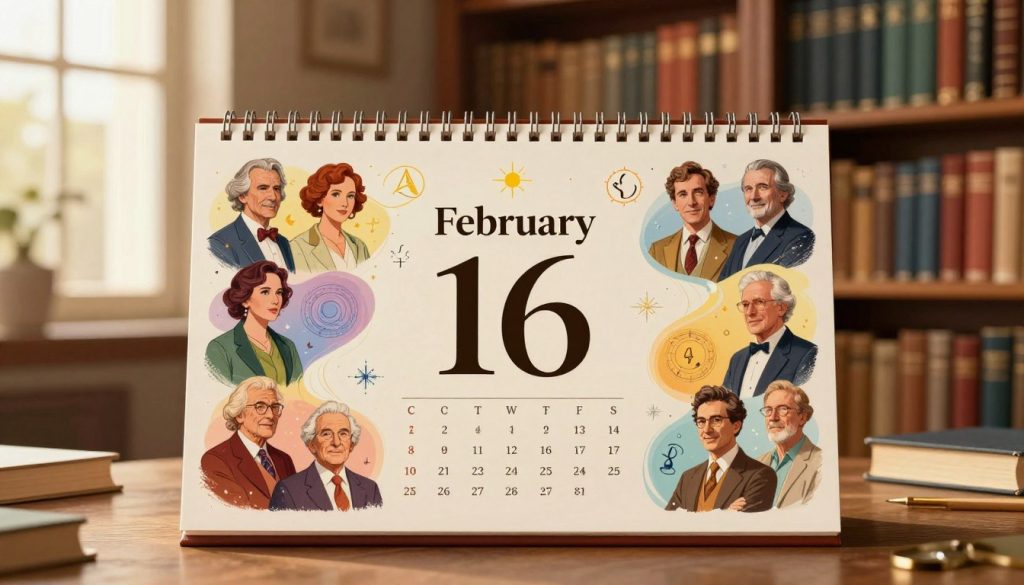 A beautifully illustrated famous birthdays calendar for February 16, prominently featuring notable personalities born on this day. In the foreground, a classic calendar page displays the date "February 16" in elegant, bold typography, surrounded by subtle images of iconic figures, such as musicians, scientists, and actors, portrayed in professional attire. The middle section showcases vibrant graphics representing the associated horoscopes with astrological symbols, flowing seamlessly around the calendar. The background is a warm, inviting library setting with shelves filled with books on history and astrology, softly illuminated by golden hour lighting filtering through a window. The overall atmosphere is celebratory and reflective, capturing the essence of historical significance and individuality. A balanced composition with a cozy, informative mood, designed to engage viewers in a thoughtful moment of discovery.