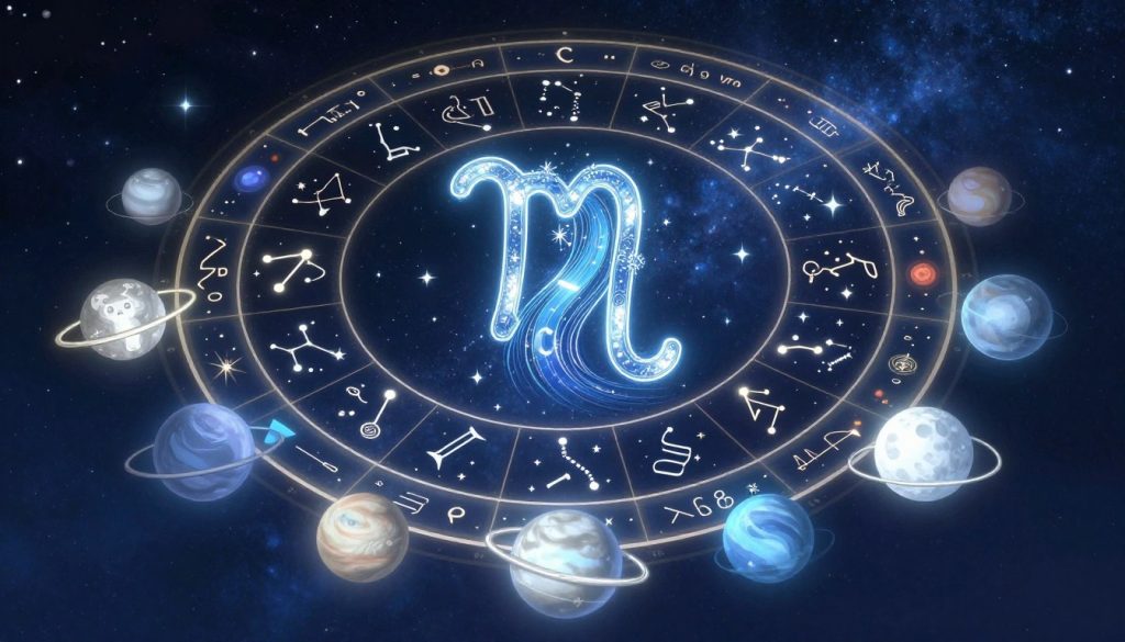 A beautifully intricate Aquarius horoscope astrology chart, visually centered on the zodiac sign symbol, featuring the water bearer motif elegantly flowing with stars and constellations. In the foreground, include detailed astrological glyphs for the different planets aligned around the chart, each glowing softly in ethereal hues of blue and silver. The middle ground should showcase a circular chart layout with vibrant zodiac signs and ancient symbols, illuminated against a deep midnight blue background that reflects a cosmic starry sky. The atmosphere conveys a sense of mysticism and enlightenment, enhanced by soft, ambient lighting that creates a dreamy effect. The entire composition should be harmonious and visually captivating, inviting the viewer to explore the mysteries of astrology.