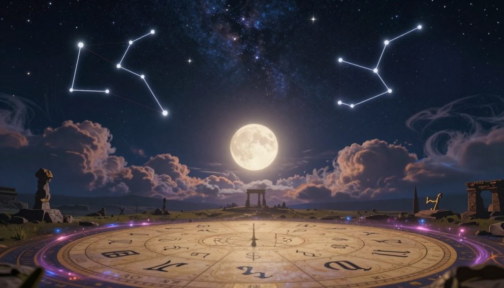 A breathtaking depiction of celestial events in astrology, featuring a richly detailed starry night sky as the background, with vibrant constellations twinkling brightly. In the foreground, an elegant astrological chart is intricately designed with symbols of the zodiac signs, surrounded by swirling cosmic energy. The middle ground showcases a glowing full moon, casting a soft luminescence over a serene landscape dotted with silhouettes of ancient stone structures, merging with swirling clouds illuminated by soft ethereal light. The atmosphere is mystical and introspective, invoking a sense of wonder and curiosity about the universe and its influence on our lives. The scene is captured from a low angle, highlighting the grandeur of the night sky while ensuring warm, inviting lighting to enhance the celestial magic of the moment. The overall mood is one of contemplation and cosmic connection.