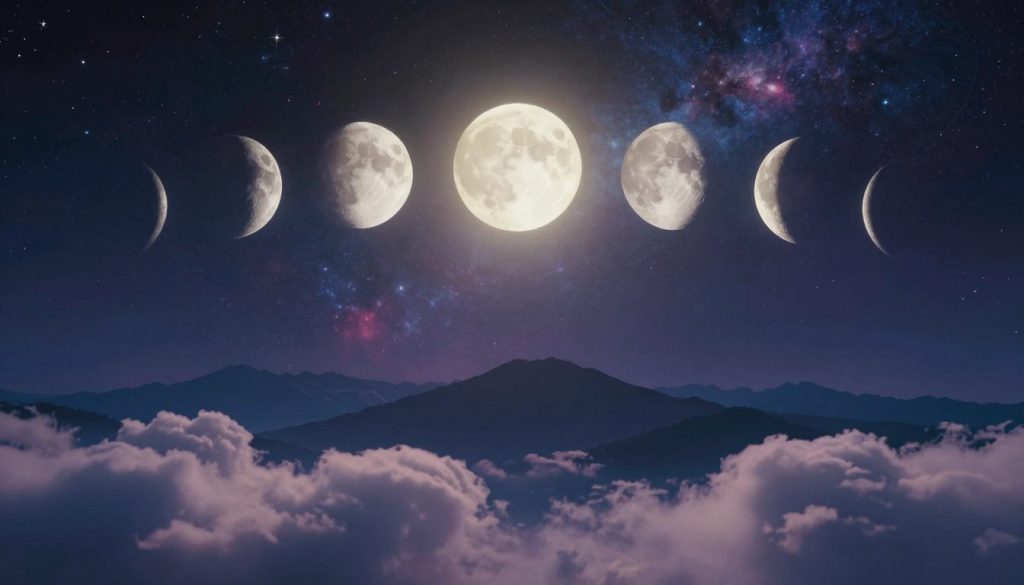 A captivating cosmic landscape showcasing various lunar phases, from a bright full moon to thin crescent shapes, framed against a starry night sky glowing with vibrant colors. In the foreground, ethereal clouds softly illuminated by the moonlight create a tranquil atmosphere. The middle ground features detailed silhouettes of distant mountains, enhancing the sense of depth. The background is filled with swirling galaxies and twinkling stars, capturing the majesty of celestial events. Use soft, diffuse lighting to create a dreamlike quality, with a slight haze to suggest mystery. The mood should evoke wonder and contemplation, inviting viewers to explore the connection between history and the cosmos, while maintaining a peaceful, harmonious feel.