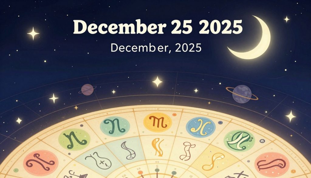 A captivating illustration of daily horoscope insights and zodiac trends for December 25, 2025. In the foreground, an astrological chart filled with the twelve zodiac signs, each depicted artistically with unique colors and celestial elements. The middle layer features a swirling cosmic background, incorporating stars, planets, and astrological symbols that evoke a sense of wonder and mystery. The background displays a serene night sky, softly illuminated with twinkling stars and a prominent crescent moon, enhancing the dreamlike atmosphere. Use warm, inviting lighting to create a mystical feel, while ensuring clarity in the details of the zodiac signs. The overall mood should be reflective and inspiring, inviting viewers to contemplate their horoscopes and the influence of the stars on this special day.