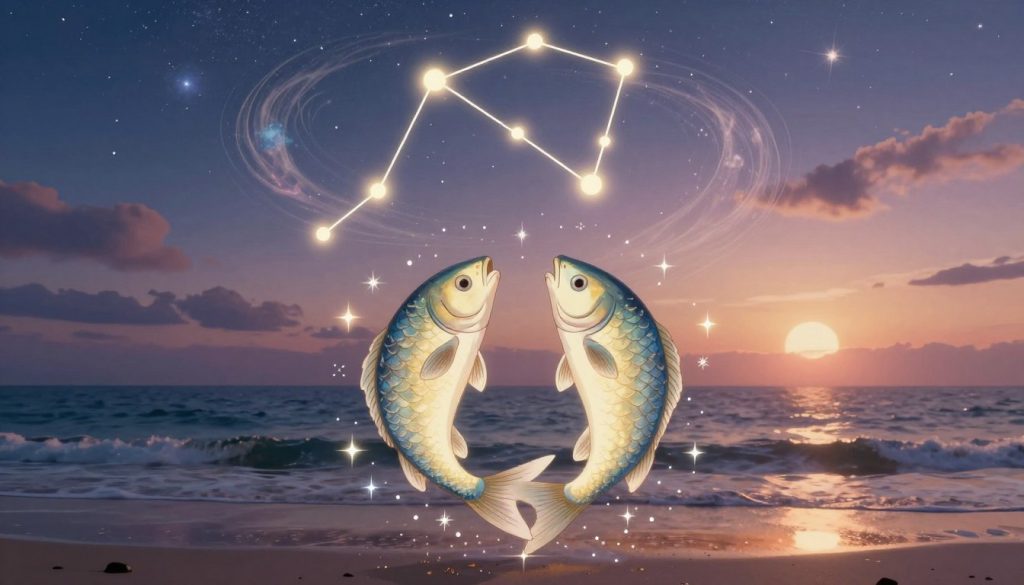 A captivating illustration of the Pisces zodiac sign, symbolizing astrological forecast and deep insights. In the foreground, a beautifully rendered pair of fish, intertwined, representing the dual nature of Pisces, surrounded by sparkling stars and shimmering water. In the middle ground, the constellation of Pisces glows brightly against a rich twilight sky, with ethereal swirls of cosmic clouds and distant galaxies adding depth. The background features a serene ocean scene under a soft, moonlit glow, enhancing the mystical atmosphere. The setting exudes tranquility and introspection, with gentle waves lapping at the shore. Use warm, soft lighting to create an inviting and reflective mood, captured as if viewed through a wide-angle lens to emphasize the vastness of the universe above.