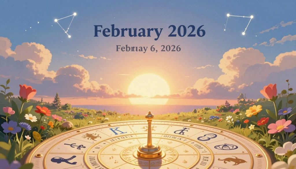 A captivating illustration representing the horoscope forecast for individuals born on February 6, 2026. In the foreground, a beautifully designed astrology wheel displaying the signs and planetary symbols intricately detailed with gold accents. In the middle ground, a serene landscape featuring a sunny sky with soft, fluffy clouds, and a tranquil garden filled with vibrant flowers symbolizing growth and inspiration. In the background, faint constellations twinkling in a twilight blue sky, creating a mystical atmosphere. Soft, warm lighting radiates from the sunset, casting a golden glow over the scene, evoking a sense of hope and positivity. The overall mood should be uplifting and reflective, inviting viewers to explore the significance of their birthday horoscopes.