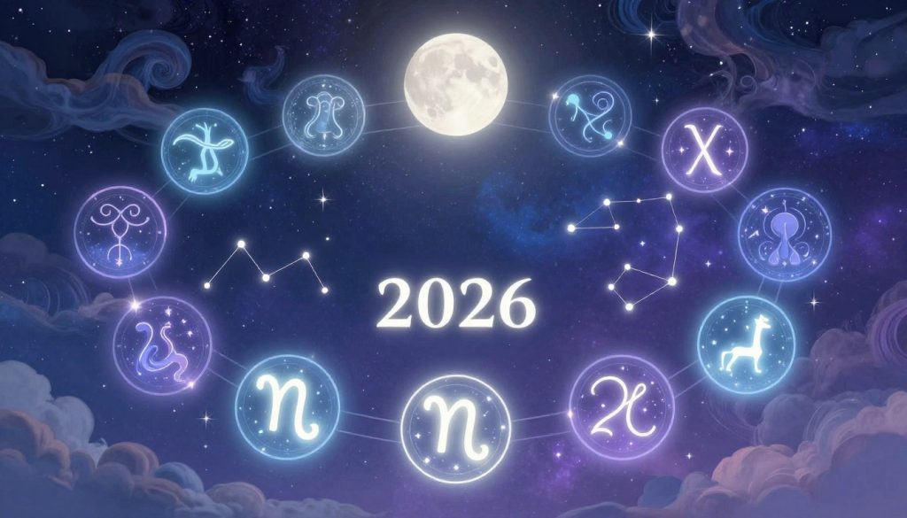 A captivating illustration representing the twelve zodiac signs, each intricately designed and arranged in a circular layout. In the foreground, the zodiac symbols glow softly, with constellations connecting them, suggesting unique astrological insights for 2026. The middle layer features a dreamy, starry night sky, with twinkling stars and a luminous full moon casting gentle light over the signs. In the background, ethereal wisps of clouds and cosmic elements flow, enhancing the mystical atmosphere. The image should have a serene yet inspiring mood, with soft blue and purple tones. Use a wide-angle perspective to convey depth and capture the enchanting details of the zodiac signs, ensuring the overall composition is harmonious and visually balanced.