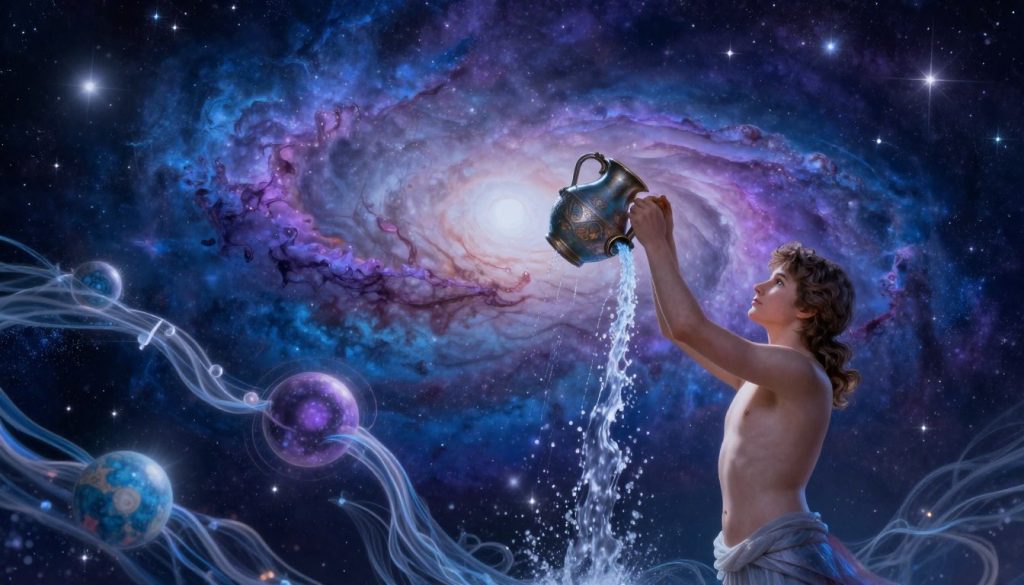A captivating representation of the Aquarius zodiac sign, illustrated against a cosmic background filled with stars and nebulas. In the foreground, a graceful figure embodies the Aquarius symbol, depicted as a young person pouring water from an ornate vessel, symbolizing knowledge and intuition. The middle ground features ethereal elements like flowing water streams and celestial bodies intertwined with the night sky, conveying fluidity and connectivity. In the background, a vibrant galaxy swirls with deep blues and purples, glimmering with distant stars. The lighting is soft yet enchanting, highlighting the figure and creating a serene, mystical atmosphere. The overall mood is inspiring and introspective, reflecting the qualities of Aquarius, emphasizing innovation and humanitarian ideals.