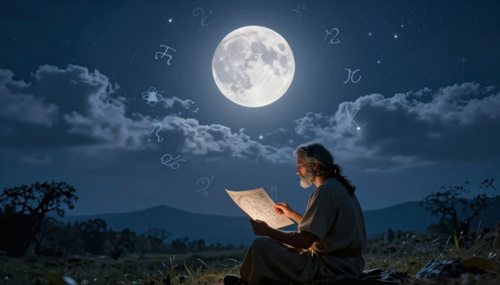 A captivating scene of "moon transit astrology," depicting an expansive night sky filled with a luminous full moon at its zenith, casting a soft, ethereal light. In the foreground, a wise astrologer with a scholarly appearance, dressed in modest casual clothing, studies ancient astrological charts illuminated by the moon's glow. Surrounding the astrologer are intricate symbols representing the twelve zodiac signs, shimmering faintly in the moonlight. In the middle ground, delicate clouds drift across the sky, partially veiling the moon and adding a sense of mystery. The background features a serene landscape with silhouetted trees and distant mountains, enhancing the tranquility of the scene. The overall mood is contemplative and magical, inviting viewers to ponder the cosmic influences of the astrological events. The lighting is soft with a cool blue hue, creating a night-time ambiance.