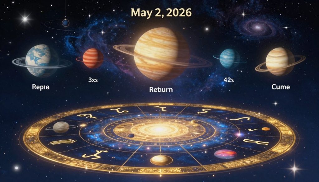 A celestial scene depicting a solar return chart alignment with vibrant astrological symbols and planets in harmonious arrangement. In the foreground, a detailed astrological chart featuring intricate celestial patterns, zodiac signs, and planetary positions, shimmering in golden and blue hues. The middle layer showcases a cosmic background filled with twinkling stars and galaxies, creating a sense of depth and wonder. The lighting should be soft yet illuminating, casting a mystical glow over the chart. The overall mood is ethereal and contemplative, inviting viewers to delve into the astrological insights for May 2, 2026. The composition has a balanced, symmetrical layout that emphasizes the alignment, captured from a slightly elevated angle to enhance the visual impact.