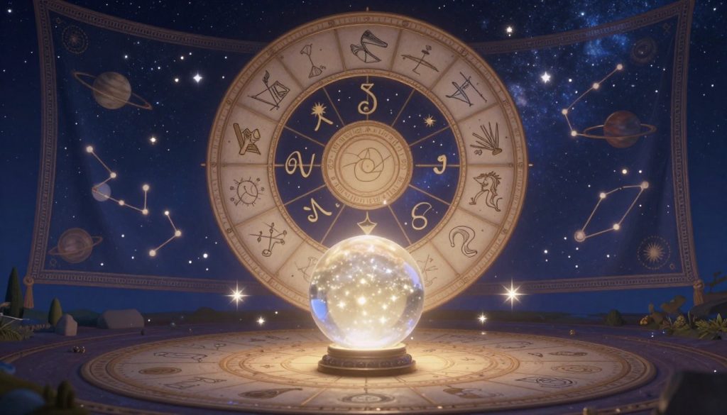A celestial scene depicting astrological forecast insights, featuring a large, beautifully detailed zodiac wheel with twelve astrological signs arranged in a harmonious circular layout. In the foreground, a crystal ball glows softly, surrounded by shimmering stars and astrological symbols. The middle ground showcases a mystical tapestry adorned with constellations and planets, casting a gentle, ethereal light. In the background, a deep indigo sky filled with twinkling stars provides a tranquil atmosphere. Soft, ambient lighting enhances the magical feel of the scene, evoking wonder and curiosity about the future. The overall mood is contemplative and insightful, inviting viewers to explore astrological wisdom.