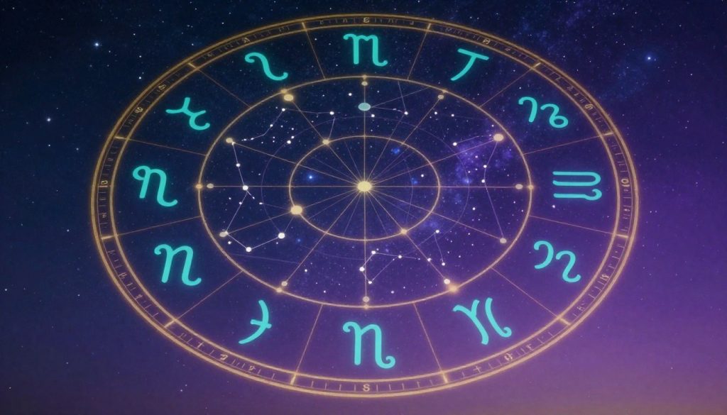 A celestial scene depicting intricate astrological chart patterns, prominently featuring zodiac symbols arranged in an ornate circular layout. In the foreground, delicate lines connecting the symbols represent planetary alignments, with vibrant hues of turquoise, deep purple, and gold illuminating the edges. The middle ground showcases an artistically rendered starry sky with constellation patterns subtly intertwined, evoking a sense of cosmic harmony. The background fades into a soft gradient, transitioning from midnight blue at the top to deep violet towards the horizon, suggesting an ethereal evening atmosphere. The lighting is soft and diffused, simulating a gentle glow emanating from the celestial bodies. The overall mood is mystical and introspective, inviting viewers to explore the depths of astrology and its connection to daily life.