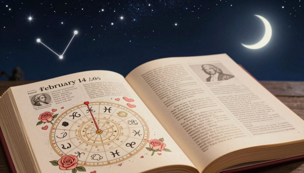 A celestial scene depicting the astrological significance of February 14, 2026, blending elements of horoscopes and historical milestones. In the foreground, a beautifully illustrated zodiac wheel featuring symbols for Aquarius and Pisces, surrounded by delicate roses and hearts to symbolize love and connection. The middle ground showcases an open book of historical events from February 14, with faint images of notable figures like historical icons and their birthdates. In the background, a starry night sky filled with twinkling stars, a glowing crescent moon, and faint constellations representing the influence of astrology. Soft, warm lighting creates a romantic and contemplative mood, inviting viewers to ponder the day's significance. The angle captures the scene from a slight elevation, offering a panoramic view that emphasizes both the personal and cosmic aspects of February 14.