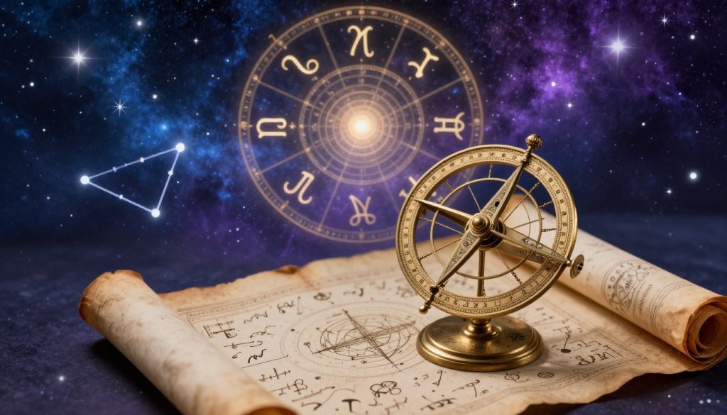 A celestial-themed composition illustrating astrology with a rich blue and purple cosmic background filled with twinkling stars and constellations. In the foreground, a beautifully designed astrolabe rests atop an ancient scroll covered in astrological symbols. Subtly incorporated in the middle ground, a zodiac wheel encircles various zodiac symbols such as Aries, Taurus, and Gemini, elegantly illuminated by a soft, golden light. The atmosphere is mystical and serene, evoking a sense of wonder. The lighting is gentle, creating soft shadows that enhance the details of the astrolabe and the scroll. The image should be captured from a slightly elevated angle, drawing the viewer into the intricate details of the astrological elements while maintaining a harmonious composition.