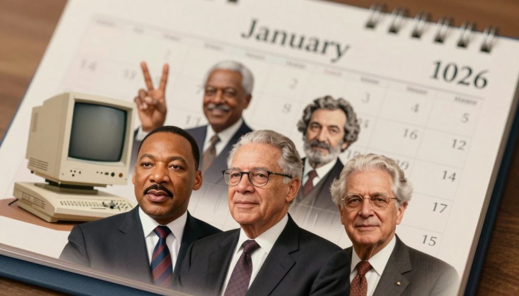 A collage depicting significant historical events and notable birthdays on January 15. In the foreground, a diverse group of three individuals dressed in professional business attire, representing famous historical figures from different eras, such as Martin Luther King Jr. and technology pioneers. In the middle ground, iconic symbols related to these figures, like a peace sign and early computer models, subtly interwoven with imagery from pivotal moments in history. The background features a soft-focus representation of a calendar page showing January 15, 2026, imbued with warm, inviting lighting that creates a reflective and inspiring atmosphere. The composition has a slight tilt for a dynamic appeal, using a shallow depth of field to emphasize the foreground subjects while softly blurring the historical elements.
