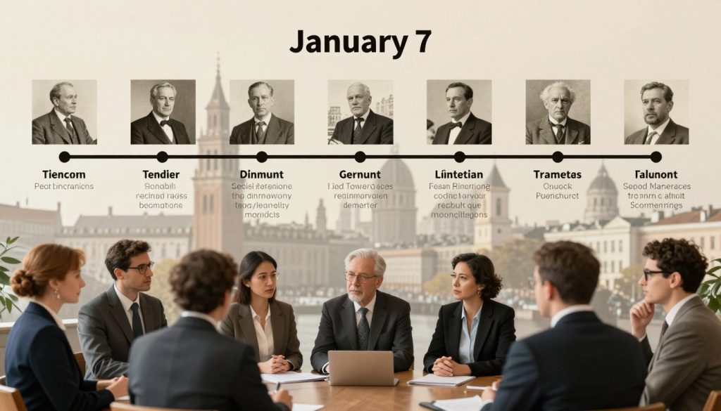 A collage illustrating significant historical events that occurred on January 7 throughout various years, emphasizing key moments and figures. In the foreground, depict a diverse group of people in professional business attire, engaged in discussion or contemplation, symbolizing the impact of history on today's society. In the middle ground, include iconic imagery like a timeline displaying pivotal events, such as political speeches, peace treaties, and cultural milestones, rendered with a vintage, soft-focus effect. The background can showcase a slightly blurred historic cityscape, evoking a sense of time and place. Utilize warm, inviting lighting to create a reflective mood, capturing the essence of inquiry into the past. Maintain an elegant, informative atmosphere without text or overlays, inviting viewers to ponder the significance of January 7.