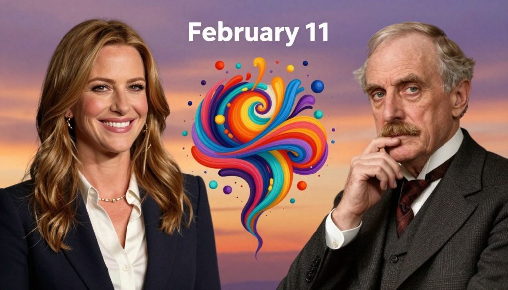 A collage of famous individuals born on February 11, showcasing their distinct personality traits. In the foreground, portray Julia Roberts, smiling warmly and embodying her nurturing and lively spirit, dressed in an elegant business casual outfit. Next, include Thomas Edison, depicted with a thoughtful expression, reflecting his innovative and determined nature, wearing a classic suit. Centered in the middle ground, show a vibrant, abstract representation of creativity and inspiration, with swirling colors and dynamic shapes symbolizing their contributions to the world. The background features a serene sky at dusk, blending warm hues of orange and purple, adding a reflective and hopeful atmosphere. Soft, diffused lighting illuminates the scene, enhancing the warmth and unity of the composition, while maintaining a harmonious balance.