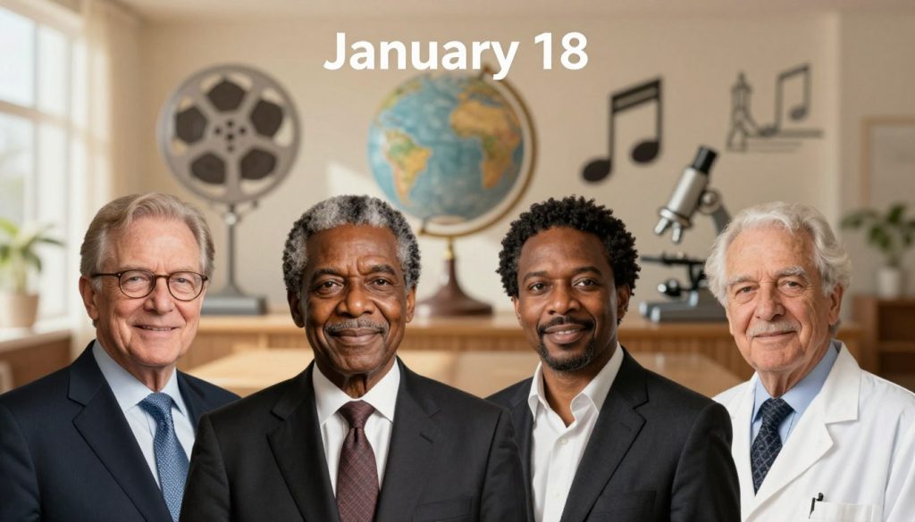A collage of famous personalities born on January 18, depicted in a harmonious arrangement. In the foreground, place a professional, diverse group of four notable figures: a distinguished actor, a renowned civil rights leader, a celebrated musician, and a groundbreaking scientist, all dressed in elegant business attire. The middle layer features a softly blurred background of iconic landmarks or symbols representing their contributions—such as a film reel, a globe, a music note, and a microscope. Use warm and inviting lighting to create an inspiring atmosphere, simulating a sunlit room. The angle should be slightly elevated, allowing for a panoramic view that showcases the figures and their symbolic achievements. The mood is one of celebration and respect, highlighting their impact on history.
