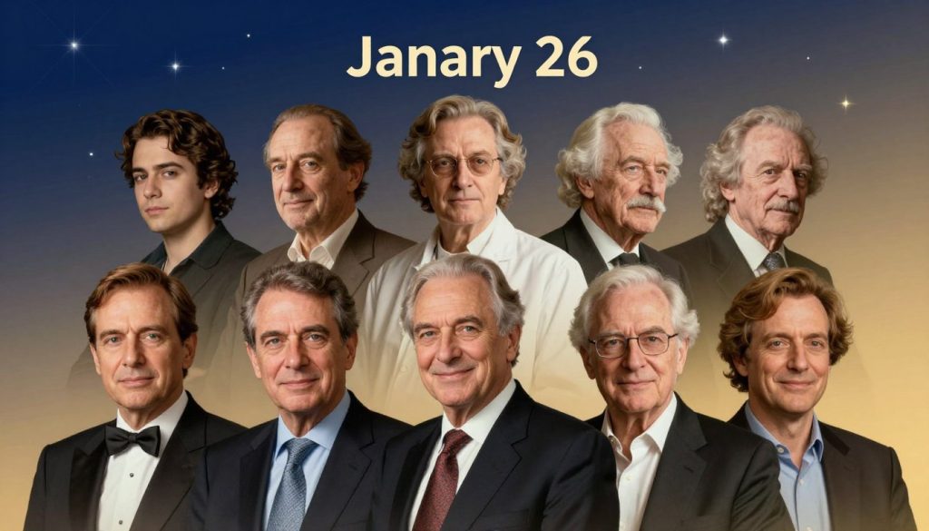 A collage of famous personalities born on January 26, elegantly displayed to highlight their contributions and legacies. The foreground features distinguished individuals in professional attire, poised against a soft gradient background that transitions from deep blue to warm gold, indicating a celebratory atmosphere. In the middle layer, serene portraits of musicians, actors, scientists, and historical figures are subtly blended, each showcasing a hint of their signature style, with a focus on facial expressions that convey inspiration and charisma. The background is a softly blurred celebration scene, adorned with subtle motifs of stars and light bursts, enhancing the mood of reverence and festivity. The lighting is warm and inviting, emulating early evening glow, captured with a light vignette effect to add depth and focus on the subjects. The overall composition should reflect a sense of momentous celebration with elegance and respect.