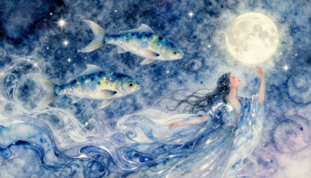 A cosmic illustration of the Pisces zodiac characteristics, highlighting the traits of intuition, sensitivity, and creativity. In the foreground, an ethereal figure representing Pisces, dressed in flowing blue and silver robes, is surrounded by swirling watercolors to symbolize fluidity and emotion. The middle layer features two elegant fish swimming in harmony, embodying the dual nature of Pisces, against a shimmering backdrop of stars and celestial bodies. The background is a soft, dreamy depiction of the night sky, illuminated by a glowing moon. The scene is bathed in gentle, soft lighting to evoke a peaceful and introspective atmosphere, capturing the essence of Pisces. The angle is slightly tilted upwards, giving a sense of wonder and connection to the cosmos, without any text or watermarks.