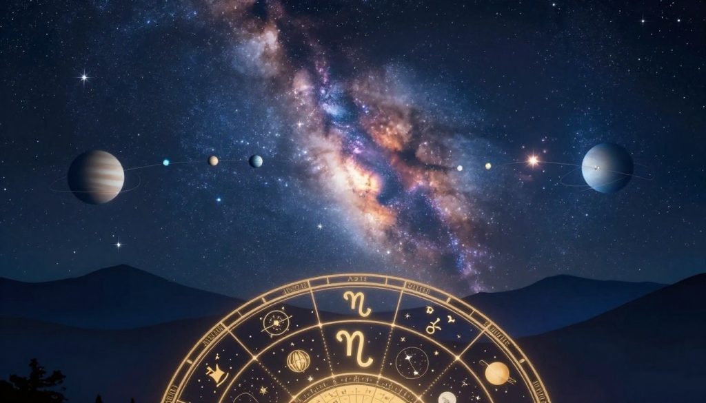 A cosmic scene illustrating Capricorn horoscope planetary alignments on January 18, 2026. In the foreground, a zodiac wheel prominently featuring Capricorn, adorned with intricate symbols and celestial motifs. In the middle ground, a night sky filled with aligned planets, twinkling stars, and a soft, glowing ember-colored nebula creating an ethereal backdrop. The background features silhouette mountains under a starlit sky, enhancing the celestial theme. The mood is mystical and contemplative, with a gentle, soft blue and golden lighting that evokes a sense of wonder. The composition should be framed with a slight upward angle to emphasize the expansive sky above. No people or text present in the scene, focusing solely on the astrological elements.
