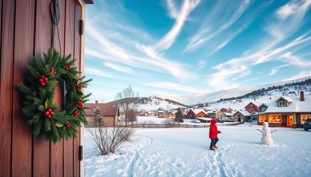 A cozy, autumnal scene on a clear winter day, December 1st, 2025. In the foreground, a wreath of evergreen branches, holly, and red berries hangs on a weathered wooden door, casting a warm glow. In the middle ground, a snow-dusted lawn is dotted with footprints, leading to a pair of children building a snowman, their laughter filling the crisp air. In the background, a picturesque town with quaint houses and shops, their windows aglow, nestled against a backdrop of rolling hills blanketed in pristine white snow. The sky is a striking shade of azure, with wispy clouds illuminated by the soft, diffused sunlight of an early winter afternoon. An atmosphere of cozy contentment and holiday cheer pervades the scene.