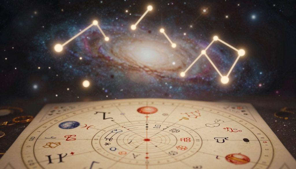 A detailed astrological forecast chart prominently displayed in the foreground, featuring intricate symbols of the zodiac, planetary alignments, and astrological houses. The middle ground should showcase a softly glowing celestial map with constellations and star patterns softly illuminated against a dark, starry sky. In the background, include a subtle blend of cosmic elements such as swirling galaxies and nebulae, creating a sense of depth and wonder. Use warm, ethereal lighting that casts gentle shadows, giving the scene an atmospheric and mystical quality. The overall mood should be inspiring and reflective, encouraging intrigue about astrological insights and birthday horoscopes. The composition should be well-balanced, focusing on clarity and visual appeal without any text or additional distractions.