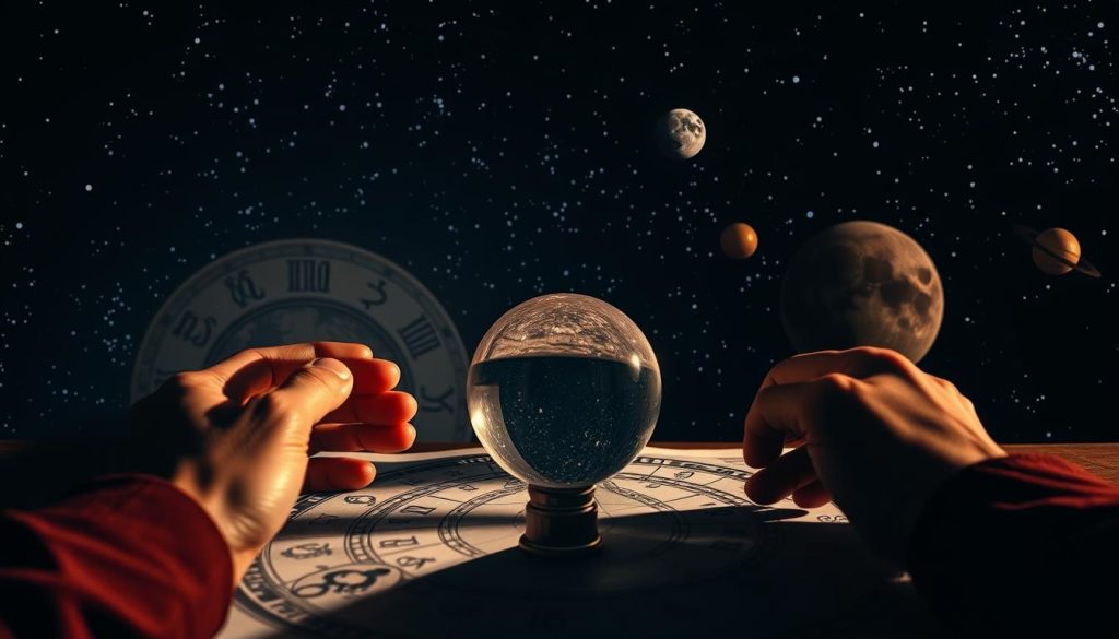 A detailed astrological forecast unfolds against a starry night sky. In the foreground, an astrologer's hands consult a zodiac chart, casting shadows that mingle with the celestial patterns. The middle ground features a crystal ball bathed in a soft, lunar glow, hinting at the mysteries of the future. In the background, planetary orbs drift lazily through the inky blackness, their movements alluding to the cosmic forces that shape our destinies. The lighting is moody and dramatic, with deep shadows and highlights that lend an air of mysticism and intrigue. The overall atmosphere evokes a sense of anticipation and wonder, inviting the viewer to peer into the unknown and discover what the birthday forecast may hold.