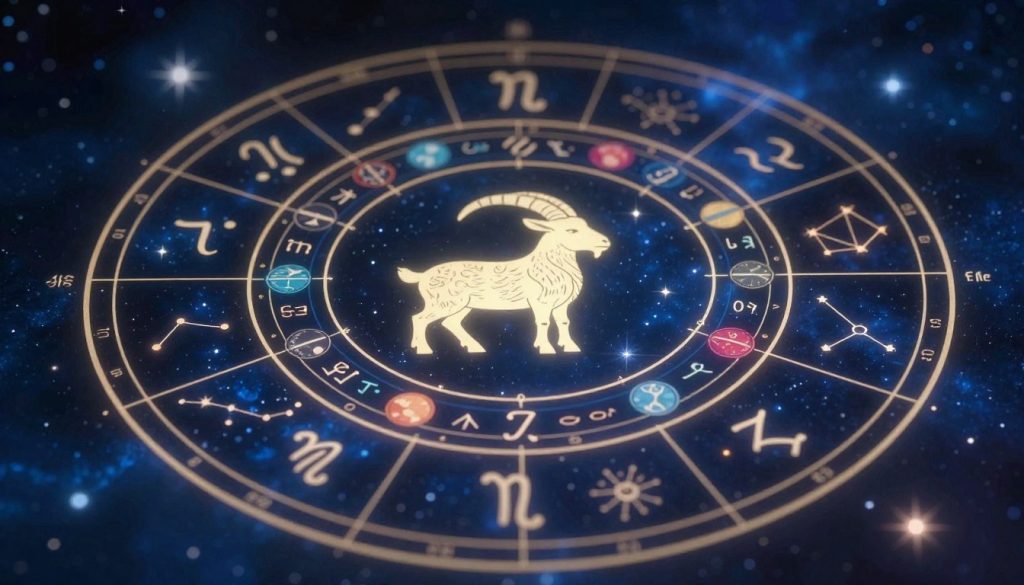 A detailed astrology chart featuring the Capricorn zodiac sign, prominently displayed at the center with its symbol, a goat, surrounded by astrological glyphs representing other zodiac signs. The foreground showcases vibrant celestial elements like stars and constellations, while the middle layer highlights intricate astrological houses and planetary symbols in a circular arrangement. The background is a deep midnight blue, creating a mystical atmosphere, with gentle glowing light emanating from the chart, suggesting cosmic energy. Soft light emanates from some sections, casting a serene and contemplative mood. The angle of the composition is slightly tilted, offering a dynamic view, while the overall image captures the essence of astrology and cosmic insights, perfect for an insightful astrological theme.