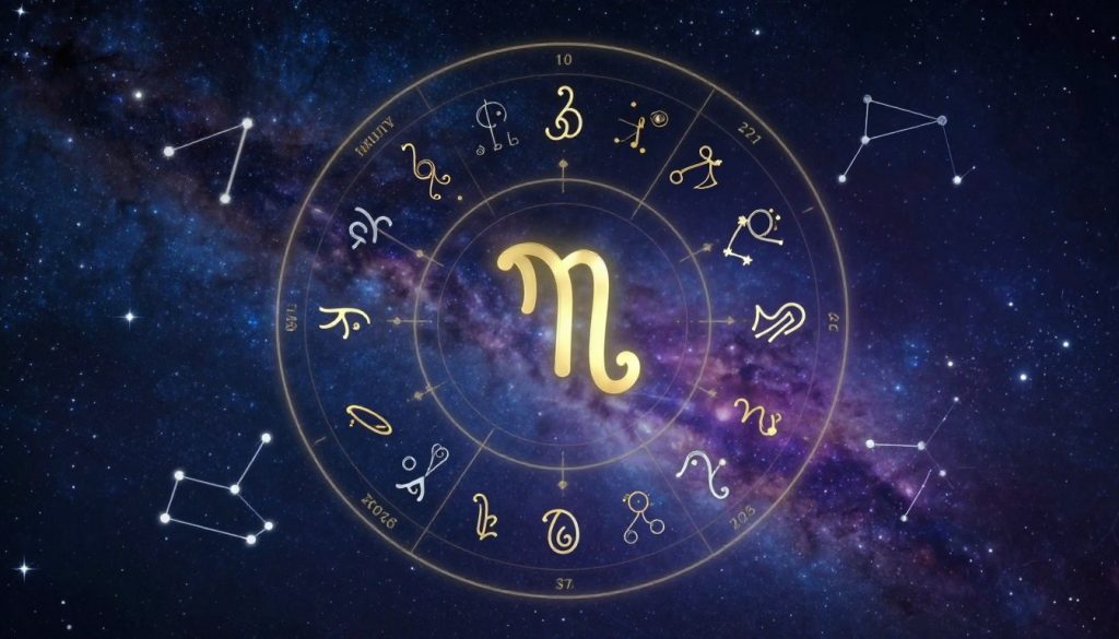 A detailed astrology chart for January 10th, 2026, featuring zodiac symbols and planetary alignments displayed prominently in the foreground. The chart is beautifully designed with celestial graphics, including stars and constellations, overlaying a deep cosmic background filled with galaxies and a starry night sky. Soft, ethereal lighting enhances the celestial theme, casting a mystical glow on the zodiac signs, which are depicted in gold and silver tones. The composition is balanced, with the chart centered and surrounded by a gradient of dark blues and purples, evoking a serene and introspective mood. The atmosphere suggests the wonder of astrology, with an emphasis on the significance of the date, making it ideal for an astrological exploration.