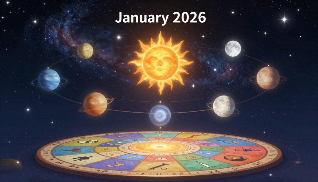 A detailed astrology chart illustrating Sun, Moon, and planetary alignments for January 23, 2026. In the foreground, a beautifully designed circular zodiac wheel showcases the twelve astrological signs with vibrant colors and intricate symbols. The middle layer features luminous celestial bodies, including a prominent sun and moon, surrounded by the planets arranged in their respective orbits, each emitting a soft glow. The background depicts a starry night sky filled with twinkling stars and swirling galaxies, creating a cosmic atmosphere. Soft, ethereal lighting enhances the mystical mood, while a wide-angle perspective captures the grandeur of the celestial scene, inviting viewers into the fascinating world of astrology. The composition should be visually harmonious and striking, without any text or overlays.