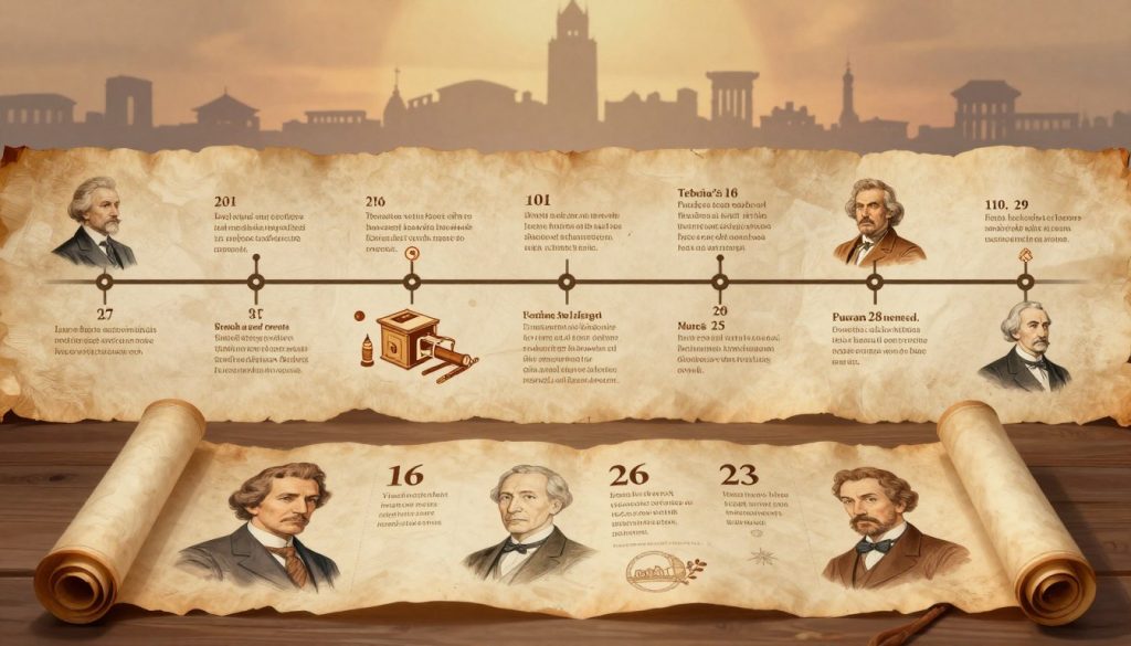 A detailed historical timeline illustration for February 26, depicting significant events, people born on this day, and key historical moments. In the foreground, a beautifully designed scroll with illustrated dates and images, featuring portraits of notable figures in professional attire, such as scientists, leaders, and artists. The middle ground showcases a visually engaging timeline, with highlighted events marked by artistic icons, symbols, and dates, set against a textured parchment background. The background features a softly blurred silhouette of an ancient city skyline under warm, atmospheric lighting, evoking a sense of history and nostalgia. The overall mood is reflective and informative, with a harmonious color palette of earthy tones. The image should be framed as a horizontal layout, capturing both the timeline and the illustrative elements seamlessly.
