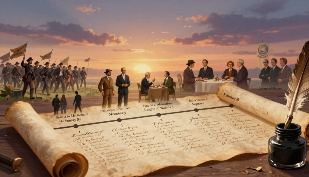 A detailed illustration of a historical anniversaries timeline for February 8th, featuring an artistic blend of significant events throughout history. In the foreground, a richly textured scroll unfurls, showcasing important dates in elegant calligraphy with classic quills and inkwell. The middle layer bursts with vibrant, painted vignettes illustrating key moments: Selma to Montgomery marches, the first meeting of the League of Nations, and milestones in popular culture. In the background, an ethereal sky transitions from dawn to twilight, symbolizing the passage of time, with soft golden light enhancing the ancient parchment and events depicted. The overall mood is nostalgic and reflective, evoking a sense of awe and reverence for history, captured with a warm color palette and a gentle depth of field for a professional, polished appearance.