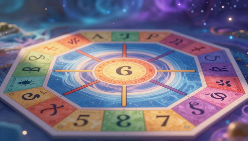 A detailed Pythagorean numerology chart featuring distinct, interconnected cells and lines. The foreground displays a grid with vibrant colors representing numbers, each cell adorned with unique symbols and shapes. In the middle ground, soft, swirling energy flows between the cells, suggesting the interplay of numerological influences. The background is a dreamy, ethereal landscape of soft blues and purples, representing a cosmic theme, with subtle star patterns twinkling in the distance. The lighting is warm and inviting, casting gentle shadows across the cells, enhancing their depth. This composition should evoke a sense of exploration and intrigue, inviting viewers to delve into the mystical world of numerology.