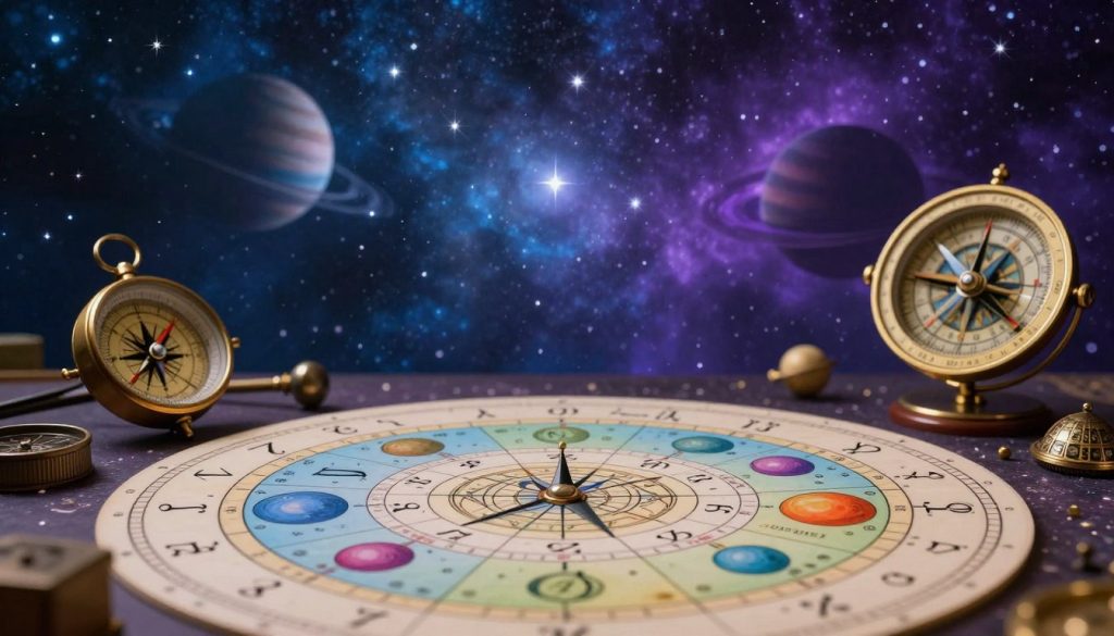A detailed solar return chart analysis visually presented in a celestial-themed setting. In the foreground, an astrological chart featuring complex zodiac symbols and planetary positions in vibrant colors, surrounded by astrological tools like an ornate compass and a vintage astrolabe. The middle ground features a cosmic background filled with twinkling stars and planets, subtly illuminated to create a mystical atmosphere. The backdrop includes a gradient of deep blue and purple hues, suggesting the vastness of the universe. Soft, ethereal lighting enhances the otherworldly mood, reminiscent of an observatory at night. The overall composition is harmonious, evoking a sense of wonder and introspection, perfect for an astrological analysis context.