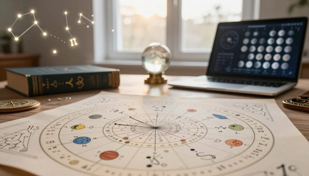 A detailed solar return chart displayed prominently in the foreground, featuring celestial symbols, planetary placements, and angular relationships in an organized layout. The middle layer includes a serene astrological workspace, with astrology books, a crystal ball, and an open laptop showing a lunar phase calendar. The background is a soft, ethereal atmosphere with blurred constellations and zodiac signs gently illuminated by warm, ambient light, lending a mystical quality. The scene captures the essence of astrological interpretation, radiating focus and inspiration. Light comes from a large window, enhancing clarity and drawing attention to the chart. The mood is tranquil yet enlightening, inviting viewers to explore the connections between solar returns, lunar phases, and personal growth.