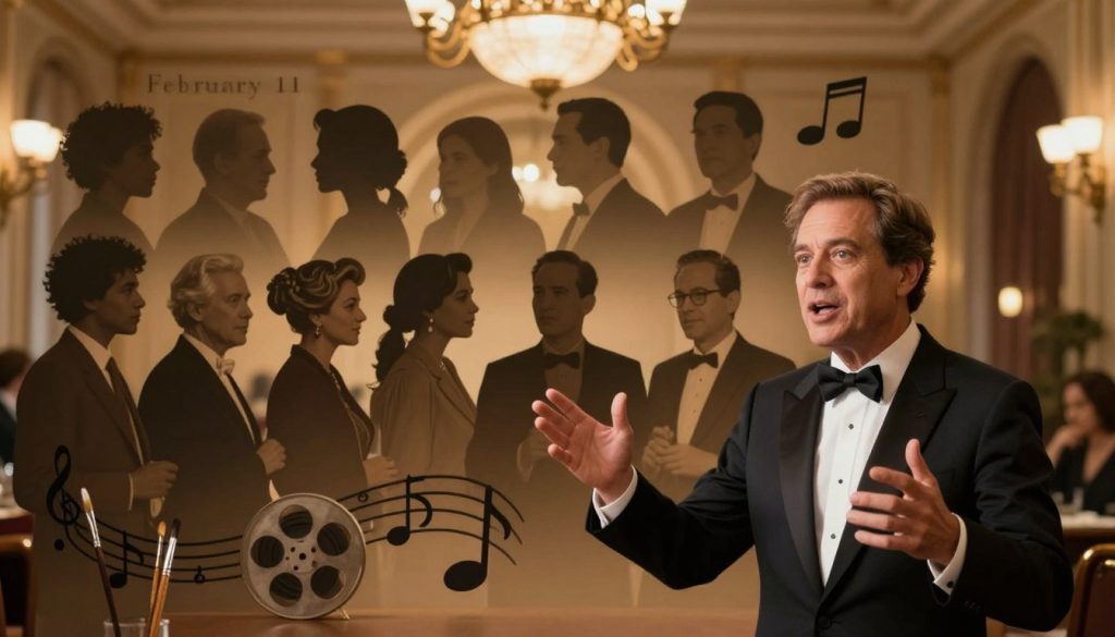 A dynamic composition showcasing famous personalities born on February 11, including a diverse group of iconic figures such as artists, musicians, and actors. In the foreground, depict a charismatic individual, dressed in professional business attire, gesturing enthusiastically. In the middle ground, include notable silhouettes of well-known figures from various fields, captured in a candid yet respectful manner, all resembling a lively gathering. Surround them with elements symbolizing their contributions, such as musical notes, paintbrushes, or film reels. In the background, create a softly lit, elegant environment reminiscent of a classic gathering space, with warm lighting illuminating the scene, creating an inviting atmosphere that encourages curiosity and celebration. The overall mood should be uplifting and reflective, emphasizing the impact of these figures on history.
