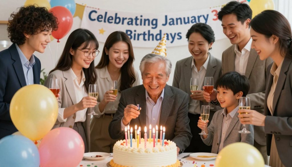 A festive celebration scene for January 3rd, featuring a diverse group of people in professional business attire joyfully gathering around a beautifully decorated birthday cake. In the foreground, the cake is adorned with colorful candles and surrounded by balloons. The middle ground displays guests, including a young woman with glasses, an older gentleman with a warm smile, and a family celebrating together, all holding drinks and smiling. In the background, a festive banner reads "Celebrating January 3 Birthdays." Soft, warm lighting creates a cheerful atmosphere, capturing the essence of birthday celebrations. The camera angle is slightly elevated, providing a comprehensive view of smiles and joy within the gathering. The overall mood is uplifting and celebratory, perfect for honoring notable birthdays of the day.